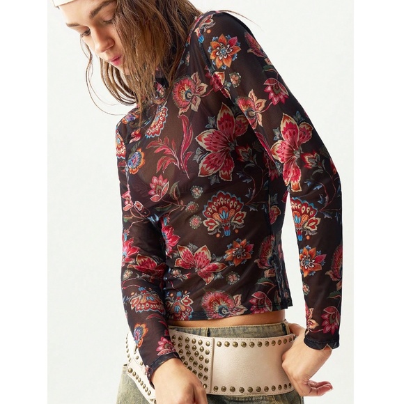 Black Multicolor Floral Print Mesh Sheer Shirt Top - Picture 6 of 9